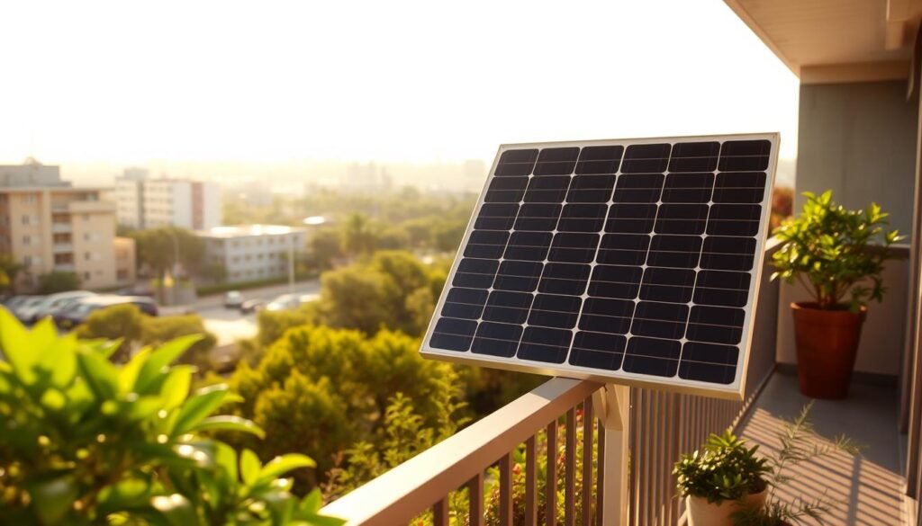 A balcony with a well-positioned solar panel installation, bathed in warm, natural sunlight. The panel is mounted securely on the railing, angled optimally to capture the sun's rays. The surrounding environment features lush, verdant plants and a serene, urban landscape in the background. The overall scene conveys a sense of sustainability, efficiency, and harmony between technology and nature. The lighting is soft and diffused, creating a peaceful, inviting atmosphere. The camera angle is slightly elevated, providing a clear, unobstructed view of the solar panel setup.