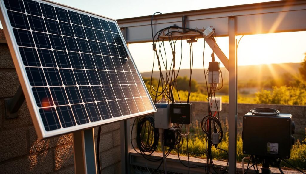 A clean, well-lit installation of a reliable solar panel system. In the foreground, a sturdy solar panel mounted on a sturdy metal frame, casting a warm, natural glow. In the middle ground, various wiring and electrical components neatly organized and connected, showcasing a professional, streamlined setup. The background features a serene, sun-dappled landscape, emphasizing the integration of renewable energy into the natural environment. The overall scene conveys a sense of efficiency, durability, and environmental harmony, suitable for illustrating the "Étapes pour un raccordement fiable" section of the article.