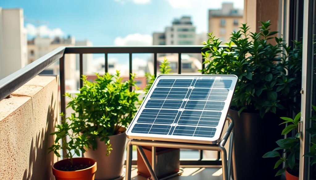 A cozy balcony bathed in warm sunlight, featuring a sleek and compact solar panel kit. The kit sits atop a sturdy metal frame, its glossy surface reflecting the sky above. Surrounding the panel are lush potted plants, adding a touch of greenery to the urban setting. The panel's efficient design and discreet size make it a practical and aesthetically pleasing addition to the balcony, harnessing the sun's energy to power small electrical devices. A sense of eco-friendly convenience and sustainable living permeates the scene, inviting the viewer to imagine the possibilities of this compact solar solution for their own balcony.