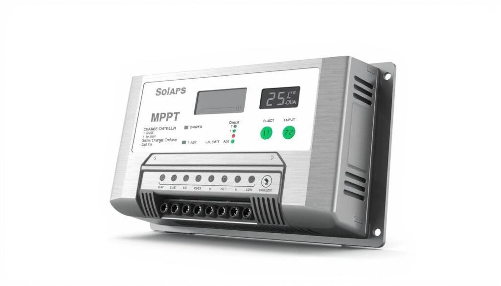 A highly detailed, realistic 3D illustration of a MPPT solar charge controller. The device is shown against a plain white background, allowing it to be the sole focus. The controller has a sleek, modern design with a brushed metal casing and clearly labeled inputs and outputs. The front panel displays the current charge status and energy output metrics. The image is captured at a slight angle, showcasing the controller's depth and dimension. The lighting is bright and even, ensuring every component is clearly visible. The overall impression is one of high quality, reliable engineering - a crucial component for a robust solar power setup.