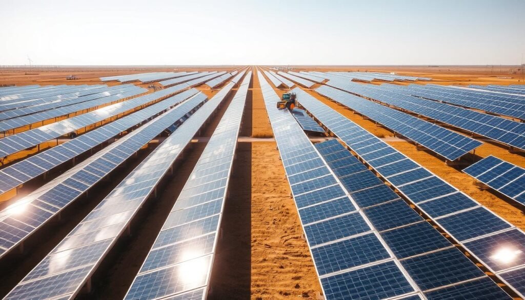 A large-scale solar panel installation situated in a wide, open field under a bright, clear sky. The panels are arranged in neat, parallel rows, glistening in the warm sunlight. In the foreground, the metallic frames and reflective surfaces of the solar panels dominate the scene, creating a sense of scale and technological prowess. The middle ground features a few maintenance vehicles or workers, emphasizing the functional nature of the installation. In the background, the horizon is unobstructed, conveying a sense of expansiveness and the potential for renewable energy generation. The overall tone is one of efficiency, sustainability, and the promise of clean, abundant power.
