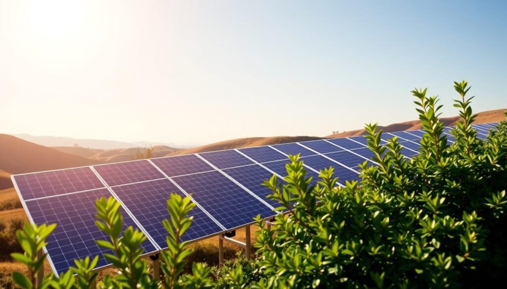 A sun-drenched landscape featuring a row of sleek, modern solar panels mounted on sturdy frames. The panels are set against a backdrop of rolling hills and a clear, azure sky, bathed in warm, golden light. In the foreground, lush green foliage frames the scene, creating a sense of harmony between the natural and the technological. The panels are arranged in a symmetrical, grid-like pattern, conveying a sense of efficiency and organization. The image exudes a sense of renewable energy and environmental sustainability, perfectly capturing the essence of the "Aides et subventions pour les installations solaires en France" section of the article.