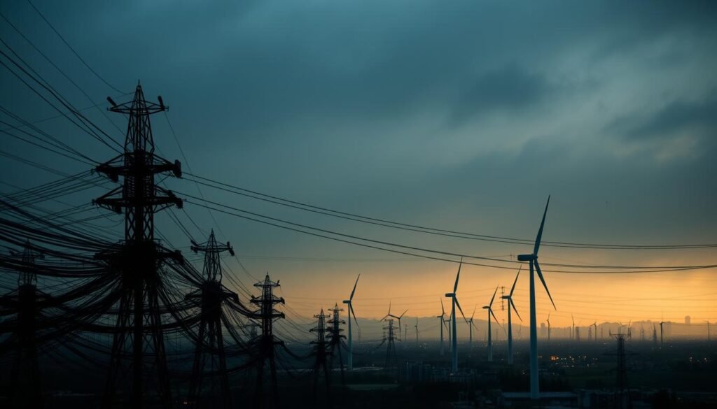 An industrial-style cityscape at dusk, with towering wind turbines casting long shadows across the landscape. In the foreground, a tangled web of power lines and electrical infrastructure, symbolizing the complexities and drawbacks of aérovoltaïque technology. The sky is hazy and overcast, adding a sense of moodiness and uncertainty. In the middle ground, a small residential area with homes and businesses, suggesting the potential impact on local communities. The background features a sprawling urban center, hinting at the larger scale challenges of integrating aérovoltaïque into existing power grids and infrastructure. The lighting is dramatic, creating deep contrasts and a sense of foreboding. The overall composition conveys the inconveniences and difficulties associated with aérovoltaïque, from technological hurdles to societal disruption.