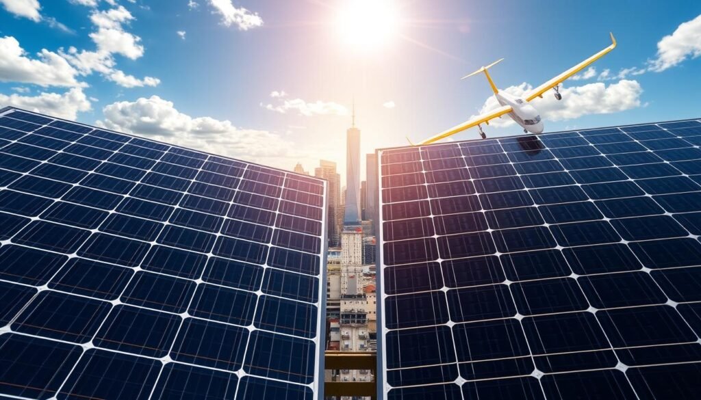 Detailed comparison of photovoltaic and aerovoltaic solar panels in a sleek, modern composition. In the foreground, side-by-side panels showcasing their distinct designs and features, capturing the technological differences. The middle ground depicts a dynamic urban landscape, with skyscrapers and infrastructure, highlighting the practical applications of these renewable energy solutions. The background features a vibrant, sun-drenched sky, conveying the abundant natural energy harnessed by these systems. Crisp lighting accentuates the panels' textures and materials, while a low camera angle emphasizes their scale and prominence. An authoritative, yet visually compelling scene that invites the viewer to examine the comparative merits of photovoltaic and aerovoltaic technologies.