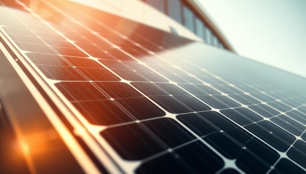 A close-up view of a high-efficiency solar panel, its surface glistening under warm, natural lighting. The panel is set against a backdrop of a clean, modern architectural environment, conveying a sense of sustainable energy integration. The panel's design features intricate patterns and a sleek, minimalist aesthetic, highlighting its advanced technology and performance capabilities. The overall composition emphasizes the panel's role as a key component in a sustainable energy system, seamlessly blending form and function.