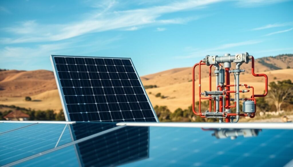 A detailed, high-resolution image of a thermal solar panel optimized for maximum efficiency. The panel is in the foreground, showcasing its sleek, modern design and advanced solar cell technology. The middle ground features a complex array of pipes and heat exchangers, illustrating the efficient heat transfer system. In the background, a scenic landscape with rolling hills and a clear blue sky creates a serene, natural setting. Soft, directional lighting illuminates the panel, highlighting its efficient performance. The overall composition conveys the importance of optimizing the thermal efficiency of solar panels for effective water heating applications.