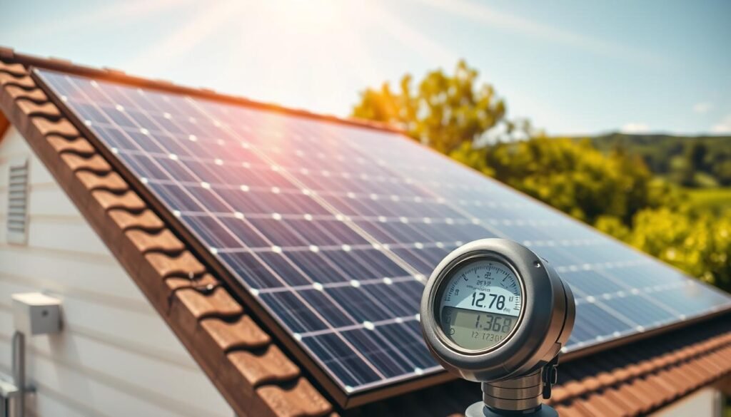 A residential rooftop solar panel system on a sunny day, capturing the sun's energy and powering a modern family home. The solar panels are neatly arranged, angled perfectly to maximize solar absorption. Sunlight streams down, casting warm, golden tones across the scene. In the foreground, a meter or display shows the energy being generated and consumed, illustrating the concept of self-consumption. The background features a lush, verdant landscape, conveying a sense of sustainability and eco-friendliness. The overall mood is one of clean, renewable energy and reduced electricity costs for the homeowners.
