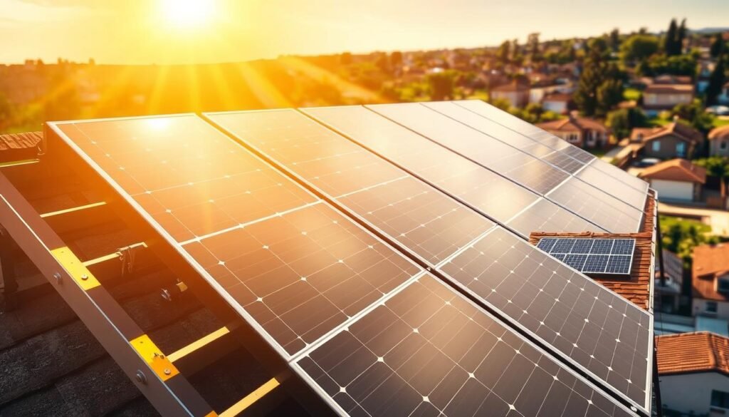 A solar panel installation in a bright, sun-drenched setting. Sleek, modern panels mounted securely on a sturdy roof frame, their glossy surfaces reflecting the warm, golden sunlight. The installation process is depicted in a step-by-step manner, showcasing the simplicity and efficiency of the setup. The foreground features a close-up view of the panel connections, highlighting the user-friendly nature of the installation. The middle ground shows the full installation, with the panels seamlessly integrated into the roofline. The background depicts a picturesque suburban or rural landscape, emphasizing the sustainable and eco-friendly nature of the solar power solution.