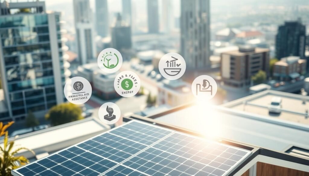 A well-lit scene depicting financial aid for solar panels. In the foreground, a solar panel array sits atop a modern home, its gleaming glass panels catching the sun's rays. In the middle ground, government logos and symbols representing various incentive programs and subsidies float around the home, indicating the available financial assistance. The background features a softly blurred cityscape, with towering office buildings and bustling streets, conveying the urban context. The overall mood is one of optimism and accessibility, inviting homeowners to embrace renewable energy solutions. The lighting is natural and diffused, creating a warm, inviting atmosphere.