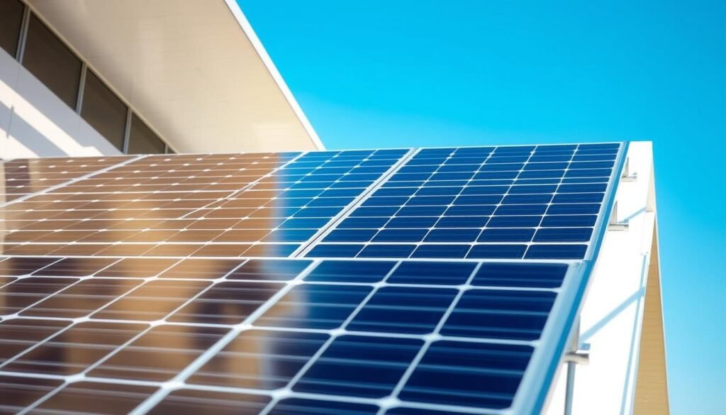 A solar panel installation in a well-lit, modern architectural setting. The panels are meticulously aligned, casting clean geometric shadows on the surrounding surfaces. The foreground showcases the optimized panel arrangement, with a focus on the intricate wiring and mounting hardware. The middle ground features the sleek, minimalist design of the panels, complemented by the architectural elements. In the background, a clear blue sky provides a serene and inviting atmosphere, emphasizing the efficiency and sustainability of the installation.