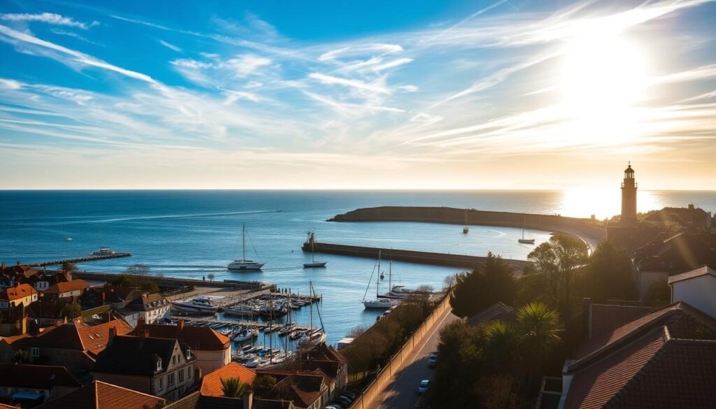 A stunning seaside landscape in La Rochelle, France, basking in the warm glow of the sun. In the foreground, a picturesque harbor bustles with activity, sailboats and fishing vessels drifting across the shimmering waters. The middle ground features rows of charming buildings with terracotta roofs, their facades casting long shadows on the cobblestone streets below. In the background, the silhouettes of wind-swept trees and the majestic Vieux Port lighthouse stand tall, framing the scene. The sky is a brilliant blue, dotted with wispy clouds that seem to dance in the gentle breeze. The overall atmosphere is one of tranquility and natural beauty, highlighting the exceptional solar potential of this coastal region.