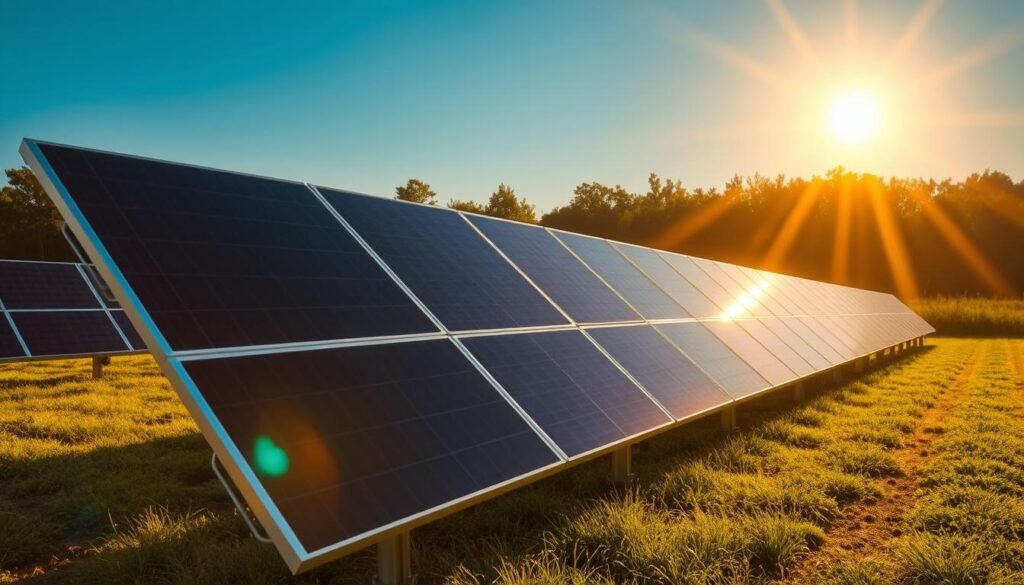 A sun-drenched landscape, showcasing a well-optimized solar panel array, strategically oriented to harness the maximum solar energy. The panels are positioned at an angle that captures the sun's rays at their most optimal trajectory, casting long shadows that emphasize their precise alignment. The scene is bathed in warm, golden light, creating a sense of efficiency and productivity. In the foreground, the panels stand tall, their sleek, modern design gleaming in the sunlight. The middle ground features a lush, verdant backdrop, hinting at the sustainable nature of this renewable energy solution. The overall composition conveys a harmonious balance between technology and nature, highlighting the importance of optimizing solar panel orientation for peak performance.