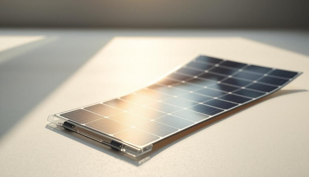 A flexible solar panel effortlessly generating clean energy, its sleek surface catching the sunlight at an optimal angle. In the foreground, a clear acrylic casing protects the photovoltaic cells, ensuring durability and weatherproofing. The middle ground showcases the panel's lightweight and portable design, with a subtle texture that blends form and function. The background features a minimalist, neutral-toned environment, emphasizing the panel's energy-saving capabilities and environmental benefits. Soft, diffused lighting highlights the panel's streamlined silhouette, conveying a sense of efficiency and technological sophistication.