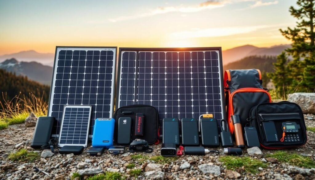 A high-quality, photorealistic image showcasing a comparative display of multiple portable solar kits. The foreground features the solar panels, power banks, and related accessories in a neat, organized arrangement, allowing for easy side-by-side comparison. The middle ground includes a natural outdoor setting, such as a campsite or hiking trail, to highlight the kits' versatility and portability. The background features a scenic landscape, with mountains, forests, or a sunset sky, creating a serene and adventurous atmosphere. The lighting is soft and natural, accentuating the details of the products. The overall composition is balanced and visually appealing, making it an ideal illustration for the "Comparaison des Meilleurs Kits Solaires Nomades" section of the article.