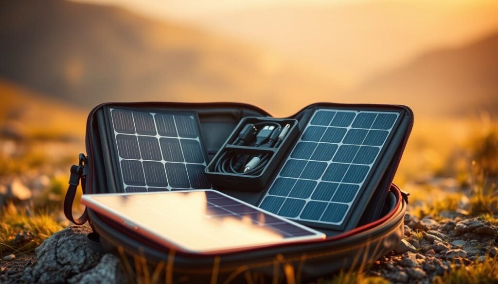 A portable, high-efficiency solar kit nestled in a rugged, weatherproof carrying case. The solar panels, folded neatly, cast a warm, ambient glow across the foreground. In the middle ground, charging cables and adapters are organized in a compact compartment, ready to power a variety of mobile devices. The background features a serene, natural landscape, hinting at the kit's versatility for off-grid adventures. Crisp, realistic textures and a balanced, golden-hour lighting scheme convey the kit's premium quality and practical design.