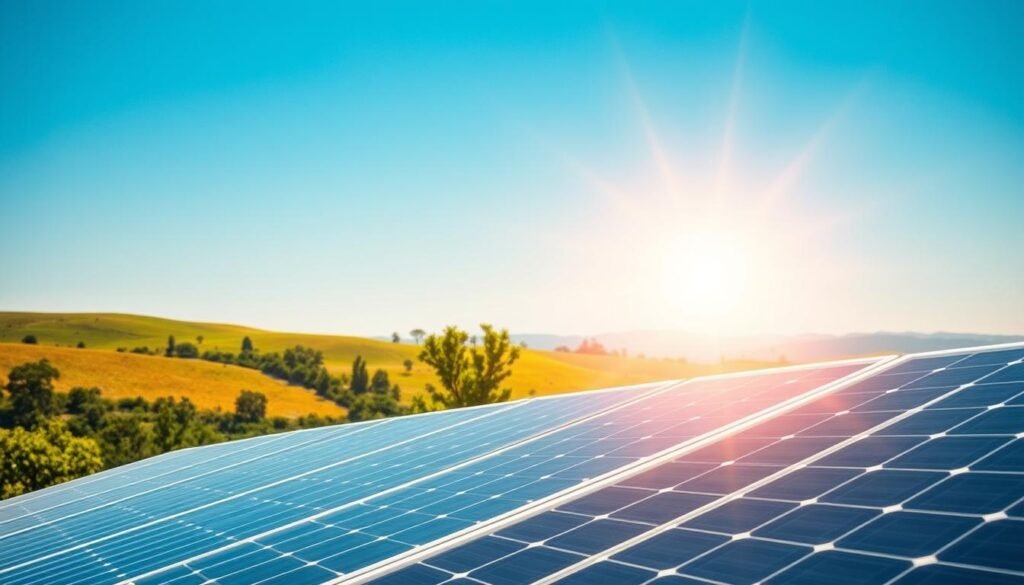 A sun-drenched outdoor scene featuring a well-positioned solar panel array. The panels are tilted at an optimal angle, capturing the sun's rays efficiently. The foreground showcases the solar panels, their sleek, modern design accentuated by crisp shadows and highlights. The middle ground features a lush, verdant landscape, with gently rolling hills and swaying trees providing a natural backdrop. In the distance, a clear blue sky stretches out, enhancing the sense of openness and tranquility. The lighting is balanced, with a warm, golden glow illuminating the scene and emphasizing the panel's ability to harness the sun's energy. The overall composition conveys a sense of harmony between technology and nature, highlighting the importance of proper solar panel orientation for maximizing energy production.