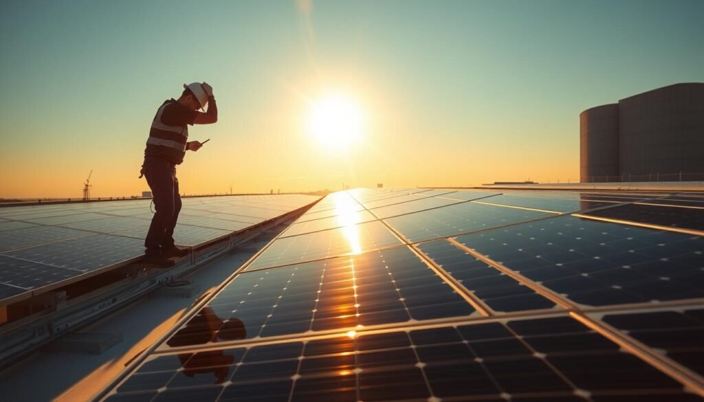 A sun-drenched rooftop, rows of sleek, monocristallin solar panels perfectly installed, their shiny surfaces reflecting the sky. In the foreground, a technician diligently adjusts the angle of the panels, ensuring optimal efficiency. The middle ground features a clean, minimalist mounting system, meticulously engineered to seamlessly integrate the panels. The background showcases the building's architecture, a modern, energy-efficient design that complements the solar installation. Soft, warm lighting illuminates the scene, creating a sense of harmony between the technology and the built environment. The overall atmosphere exudes professionalism, innovation, and a commitment to sustainable energy solutions.